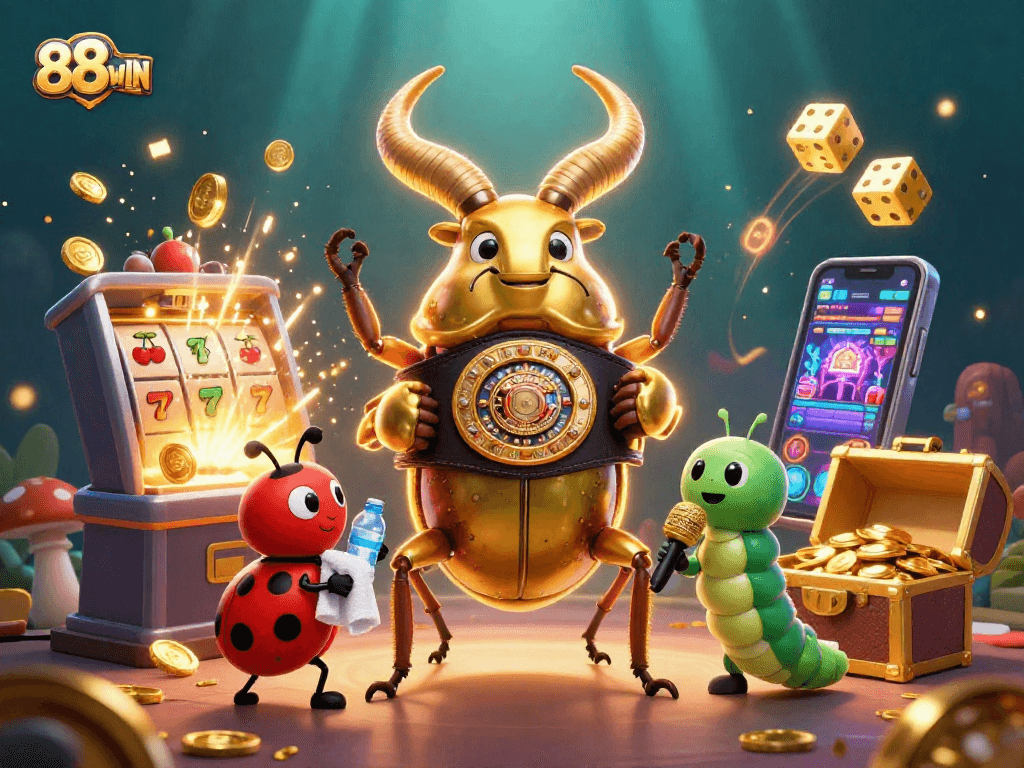 88WIN showcases vibrant casino excitement with a brilliant beetle champion in action.