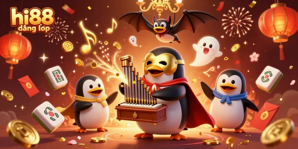 Engage with "hi88 đăng nhập" at an online casino featuring a whimsical penguin and gold-themed elements.
