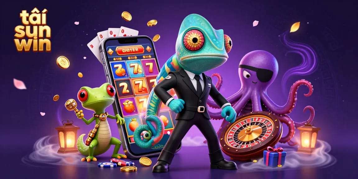 Experience the thrill with tải sun win's dynamic 3D casino illustration featuring characters amidst colorful slot game elements.