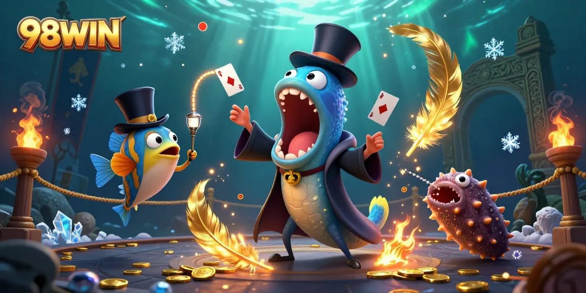 Experience thrilling card tricks with the bioluminescent gulper eel and anglerfish in 98WIN's vibrant casino scene.