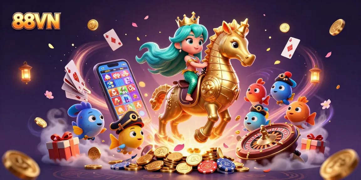 Experience gaming thrills with 88VN, featuring captivating slot games and vibrant mermaid scenes.