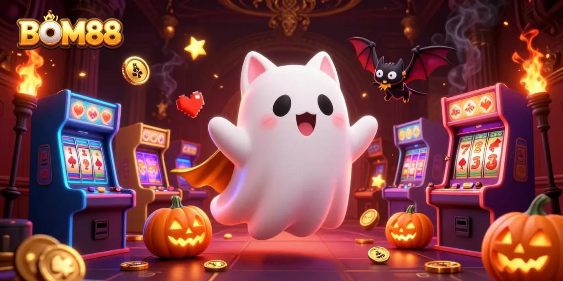 BOM88 showcases a vibrant scene with a ghost cat and vampire bat in a haunted casino amid exciting gaming elements.