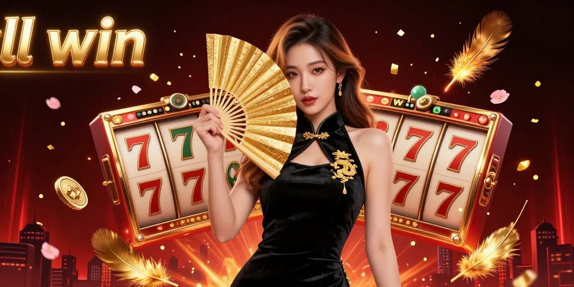 Experience thrilling moments with ll win in a dynamic 3D casino scene filled with slot reels and vibrant game elements.