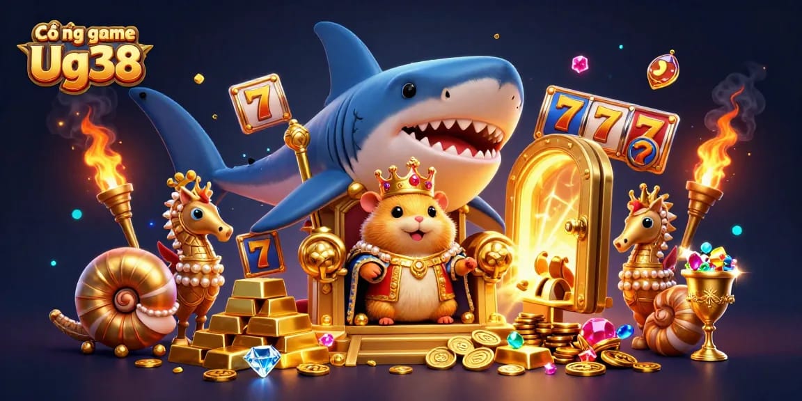 Cổng game Ug38 showcases a golden hamster king on a megalodon throne surrounded by slot game elements and treasure.