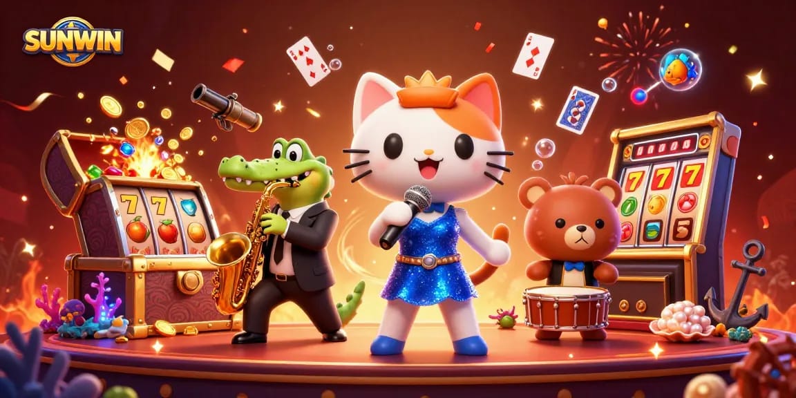 SUNWIN showcases an engaging casino scene with animated characters enjoying slots and festive elements.