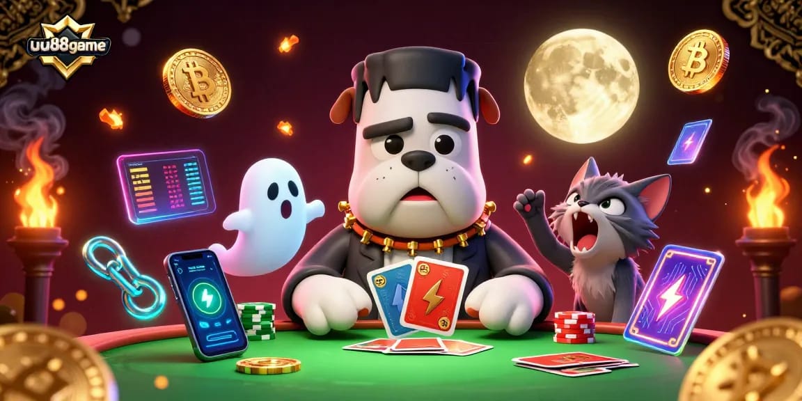 Experience thrilling gaming action at uu88game with a spooky casino scene showcasing characters and crypto elements.