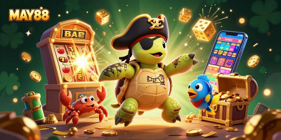 MAY88 showcases a thrilling slot adventure with animated characters and golden treasures in a vibrant casino setting.