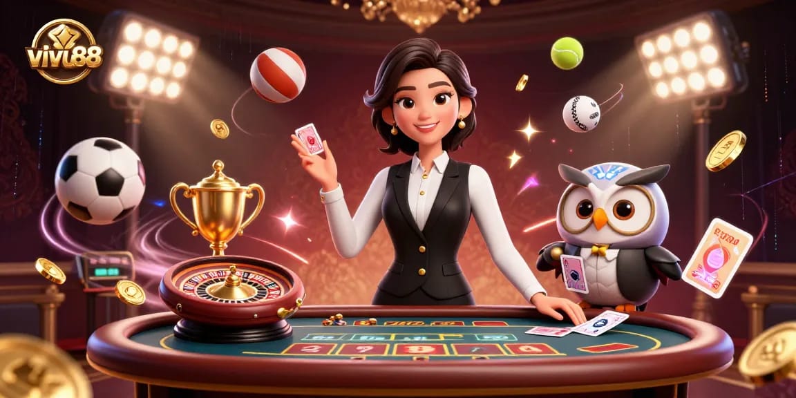 Engage in thrilling baccarat at vivu88 with an elegant dealer and dynamic casino elements.