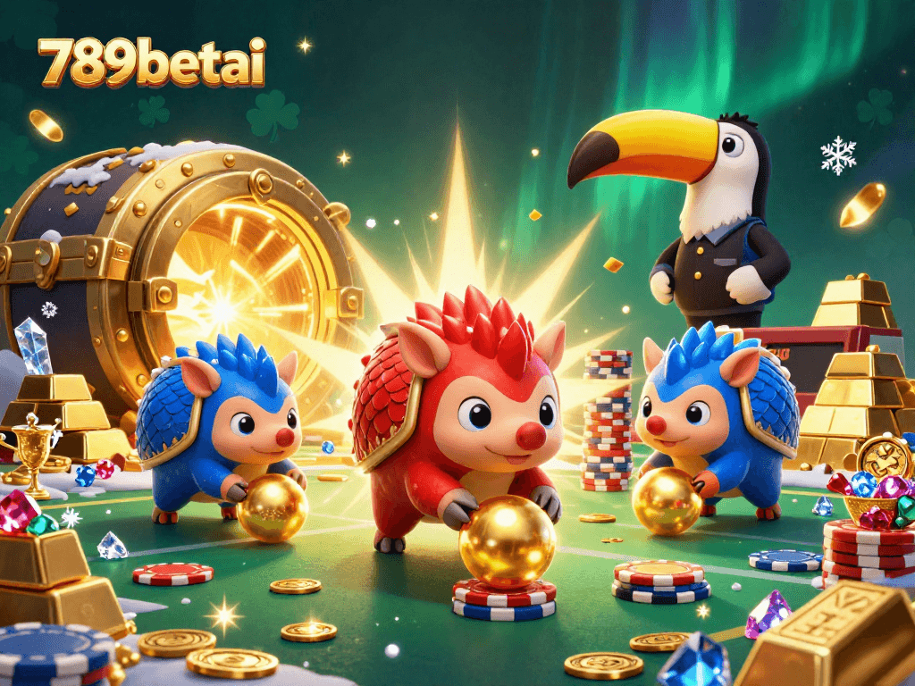 Pangolins in colored armor bowling through poker chips at 789betai, surrounded by treasures and confetti.