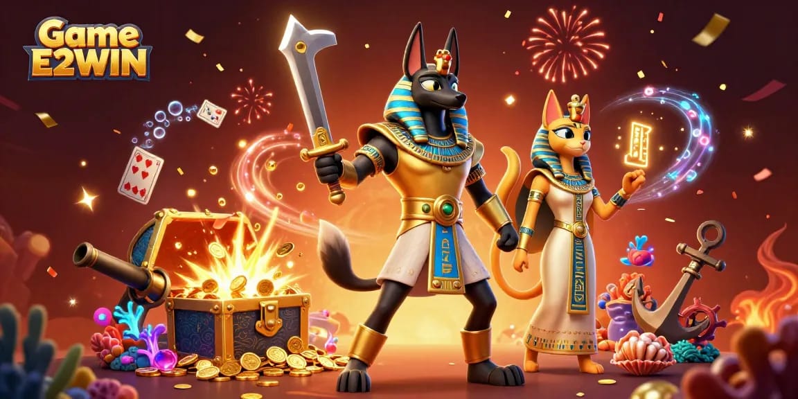 Play thrilling Game E2WIN with vibrant characters, casino elements, and action-packed visuals.