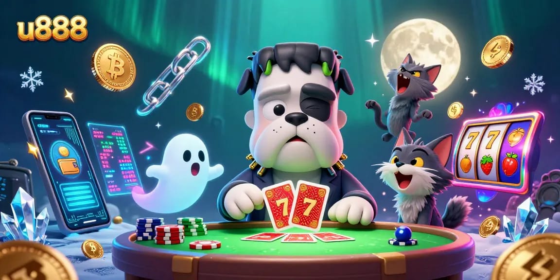 Engage in thrilling gameplay at u888 casino with a vibrant illustration of a Frankenstein bulldog dealing cards.