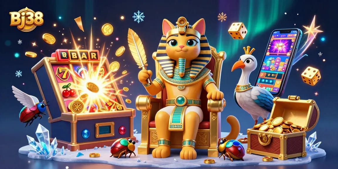 Bj38 offers thrilling slot machine experiences with golden treasures and dynamic casino symbols.