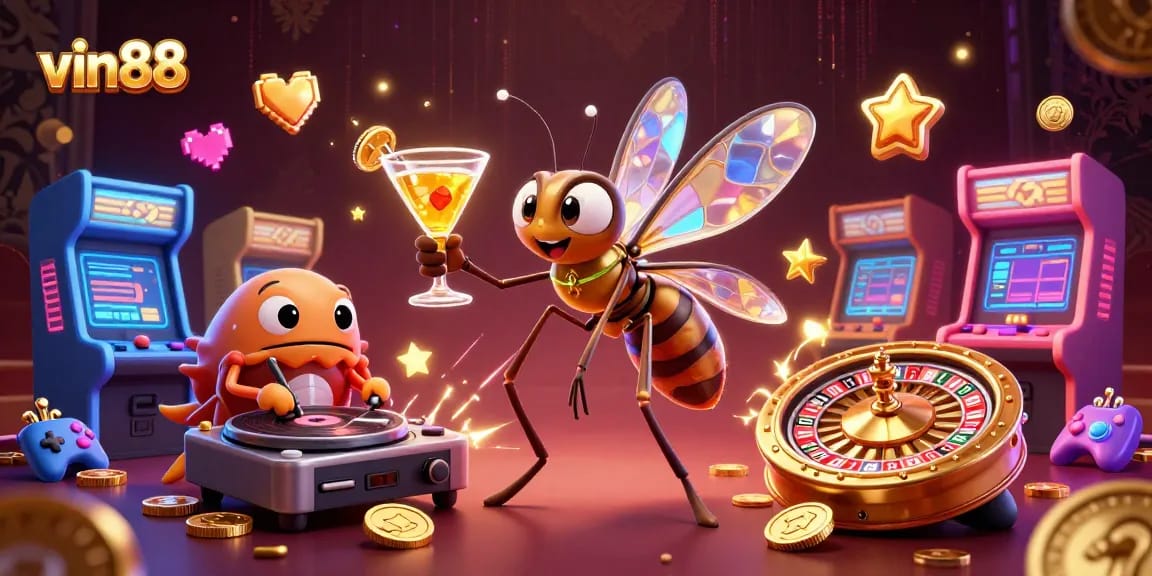 Engage in thrilling gaming with vin88's animated casino mascot holding a cocktail, surrounded by vivid games.