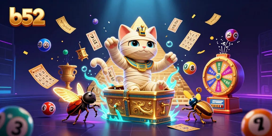 B52 casino mummy cat and scarab beetle in dynamic 3D illustration, engaging players with floating cards and lottery elements