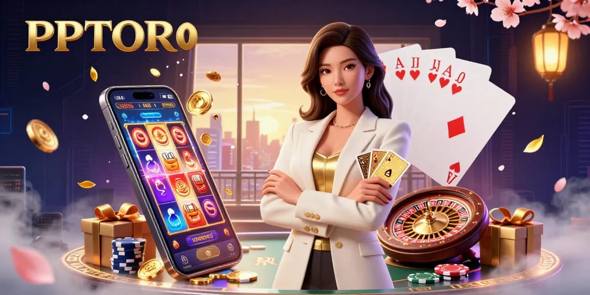 PPTOTO menarik pemain dengan seorang wanita Asia yang elegan memegang kartu emas dikelilingi oleh elemen kasino yang hidup.