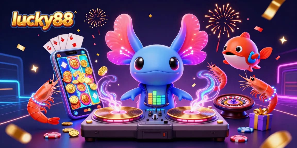 Experience the excitement of lucky88 with a vibrant 3D casino scene of an axolotl DJ and animated shrimp.