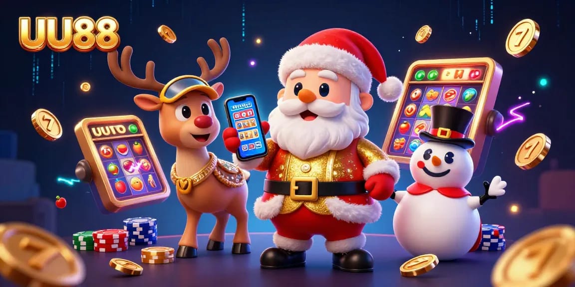 Experience the excitement of UU88 with Santa and friends celebrating jackpot wins in this dynamic casino scene.