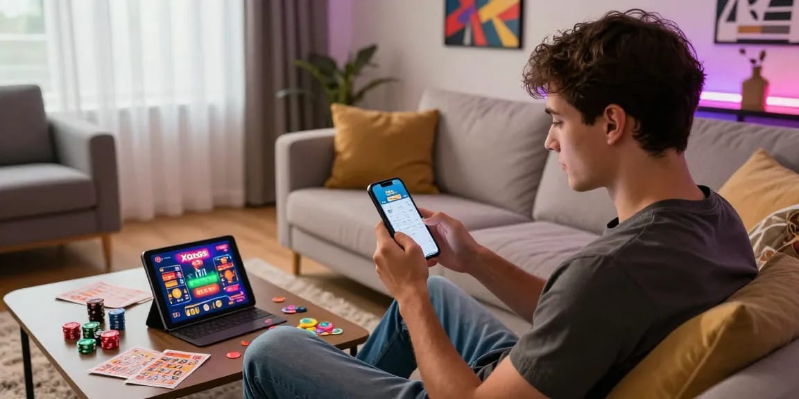 xoso66 mobile gaming experience with enthusiast using smartphone and casino props in bright living room