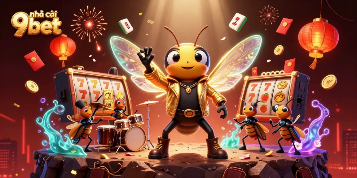 Engage with nhà cái 9bet through vibrant 3D illustration featuring a cartoon rock star and casino elements.