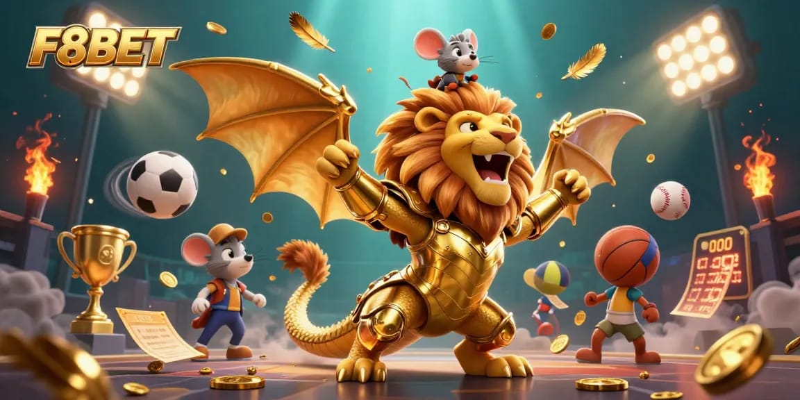 Engage with F8BET's dynamic betting scene featuring a chimera, sports balls, and golden elements.