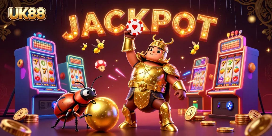 Experience winning jackpots with UK88 featuring a heroic hercules beetle in a vibrant casino scene.