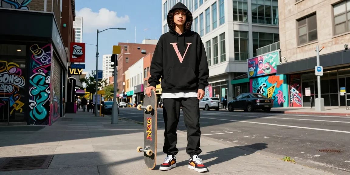 Youth in stylish Vlone hoodie on city street, embodying urban streetwear culture.