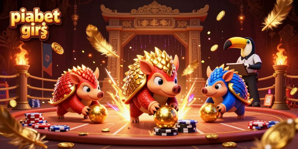 Piabet giriş ile casino atmosferi yaratan renkli pangolin karakterleri ve oyun öğeleri.