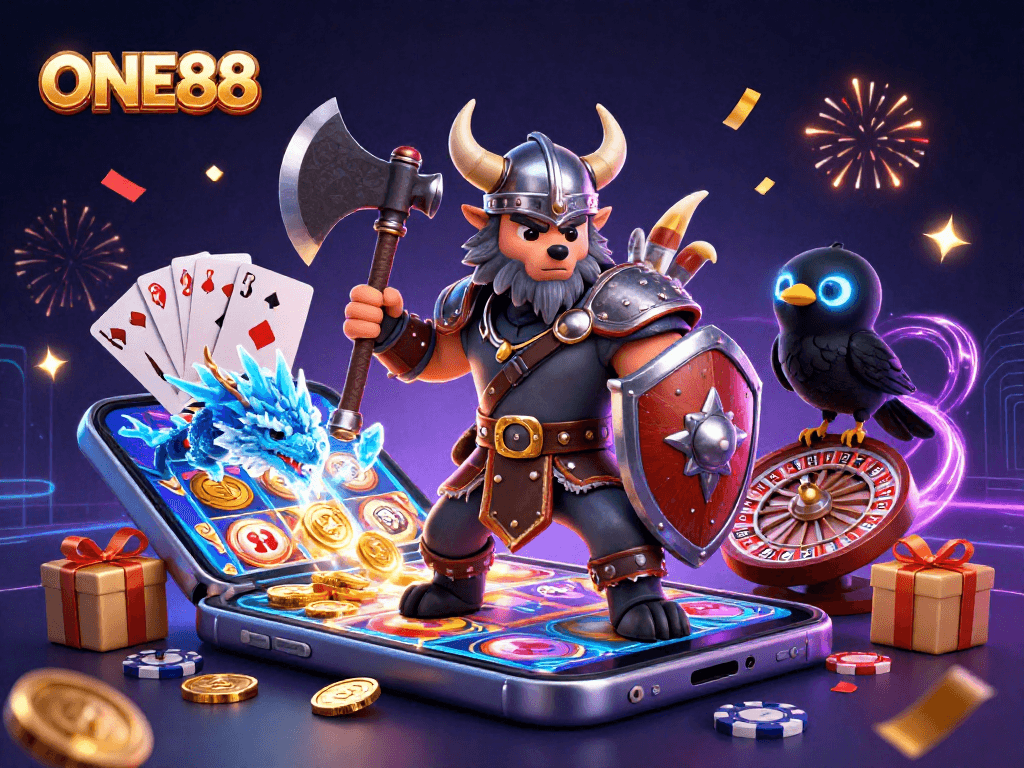 Experience thrilling wins at ONE88 with a Viking warrior, dragon, and dynamic casino elements.
