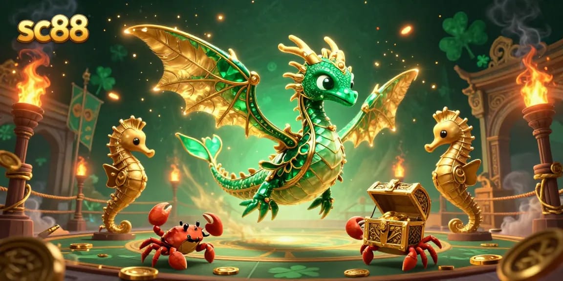 Experience thrilling gameplay at sc88 with the emerald sea dragon amidst golden tokens and dynamic game elements.