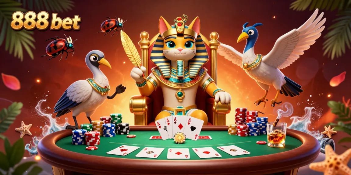 Experience thrilling wins with 888b bet in this vibrant casino scene featuring a royal pharaoh cat.