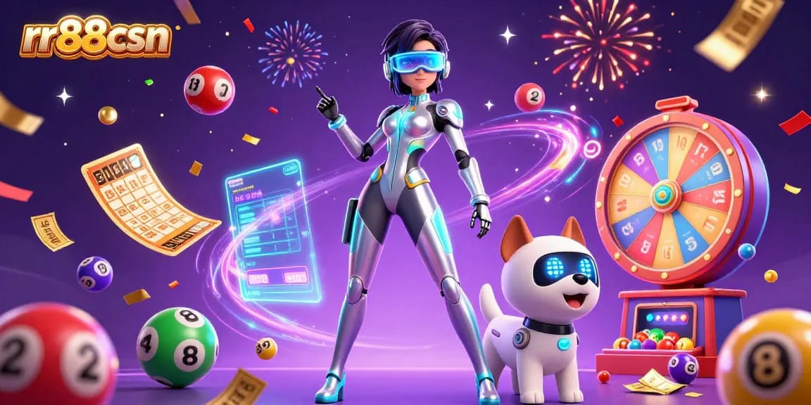 Play and win at rr88csn with a vibrant 3D casino scene showcasing lottery games.
