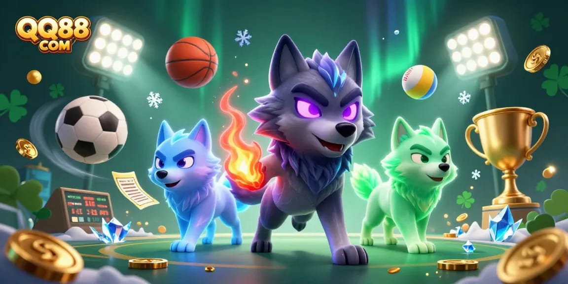 Engage with the thrilling atmosphere of QQ88 COM, featuring a dynamic scene with ghostly wolves and sports elements.
