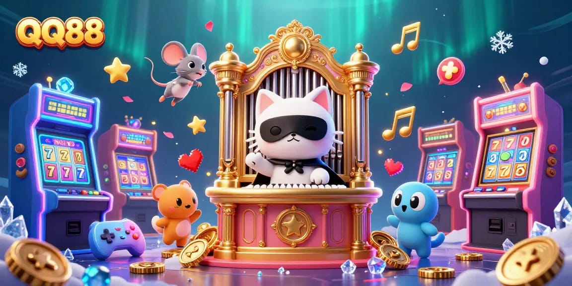 Engage with QQ88's vibrant casino experience featuring colorful arcade machines and dynamic characters.