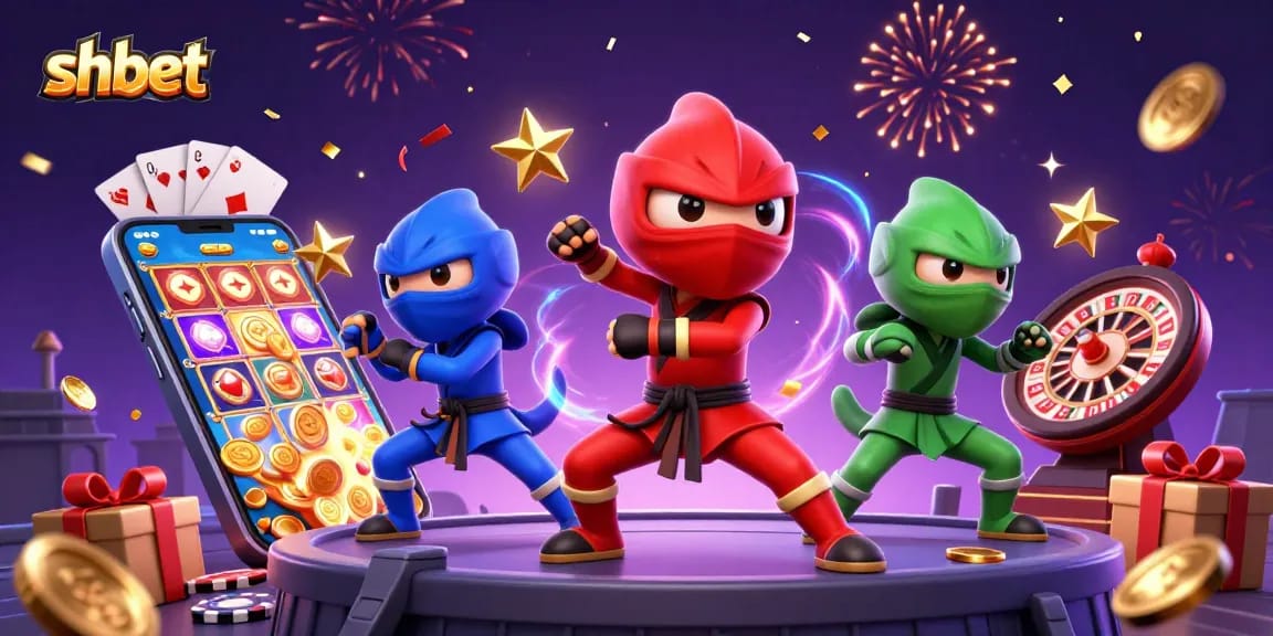 Experience thrilling shbet action with chameleon ninjas set against bright casino games.