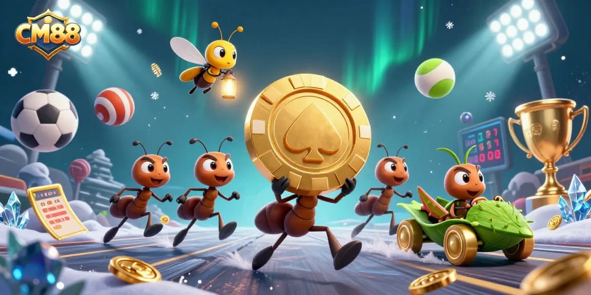 Bet and win big at CM88 with a thrilling 3D illustration of cartoon ants heisting a giant poker chip while sports elements fly around.
