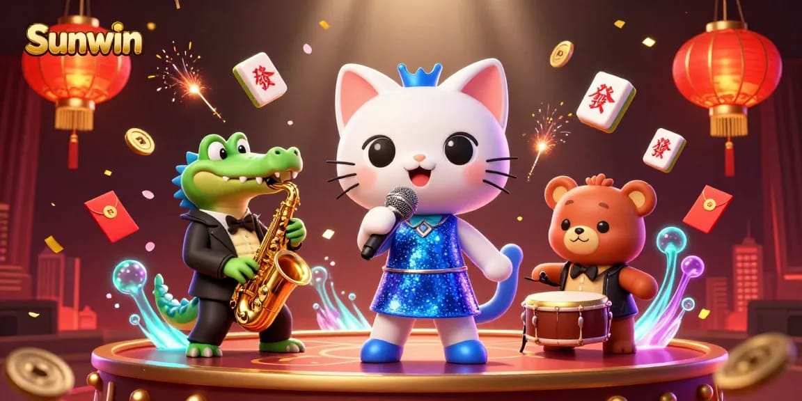 Experience winning strategies at Sunwin with colorful casino characters in a vibrant gaming scene.