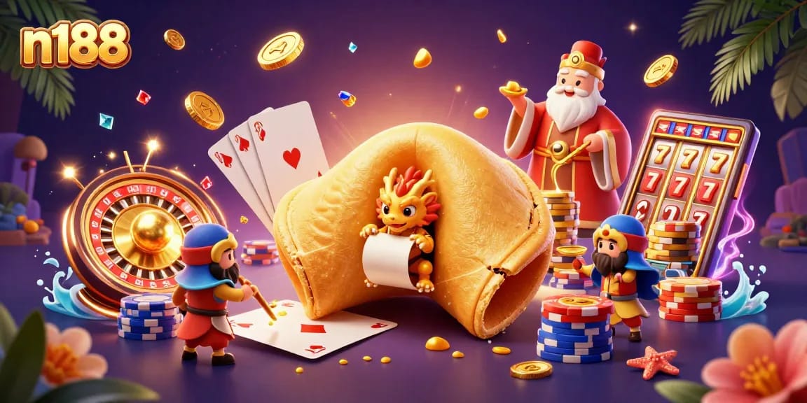 Experience exciting gameplay at n188 with a dynamic 3D casino scene featuring vibrant characters and gaming elements.