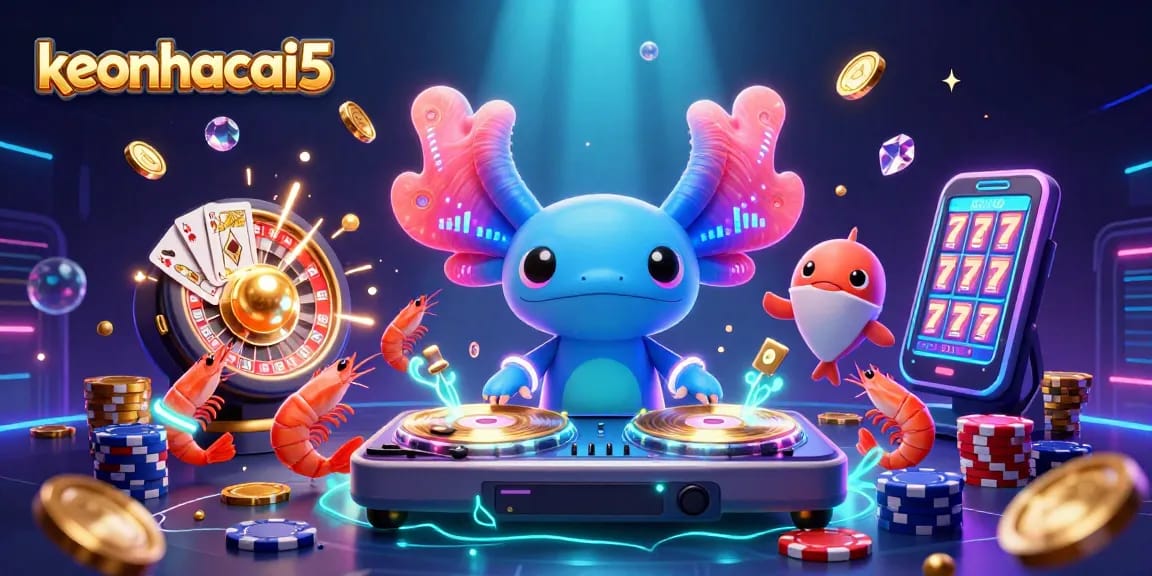 Engage with keonhacai5 through vibrant gaming excitement in this lively 3D casino illustration featuring dynamic characters.