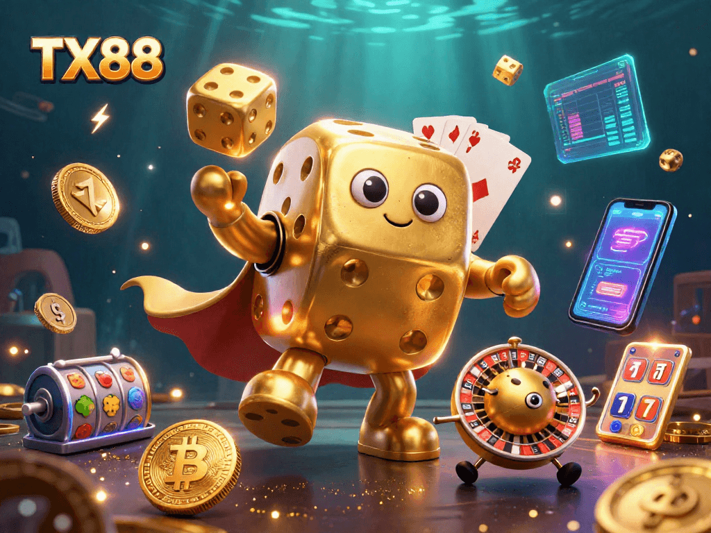 Engage with TX88 in a dynamic casino scene filled with animated golden dice and crypto symbols.