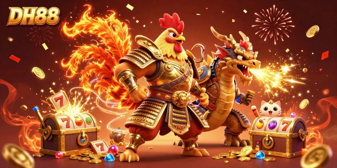 Experience thrilling wins with DH88 in this vibrant casino scene featuring dynamic characters and rich game elements.