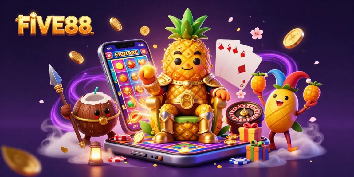 Engage with FIVE88's vibrant beach casino scene featuring a golden pineapple king and dynamic game elements.
