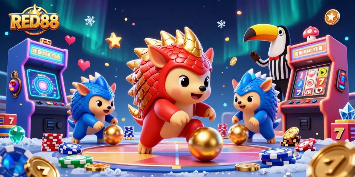 Engage in vibrant 3D scenes of RED88 with colorful gaming elements and dynamic pangolin characters.