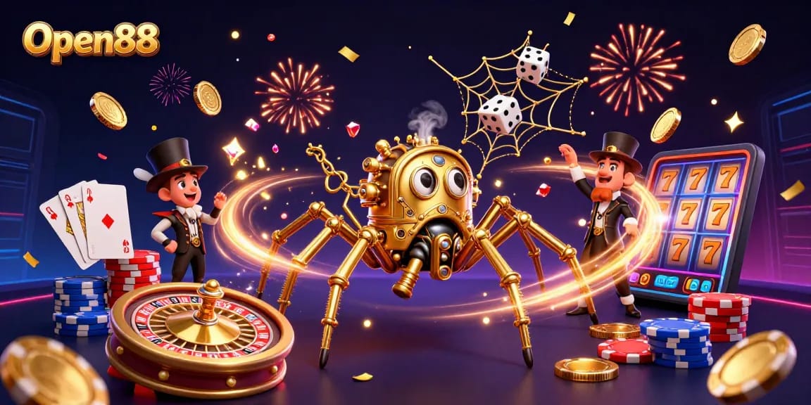Experience thrilling gameplay at Open88 with captivating casino elements in a vibrant digital illustration.