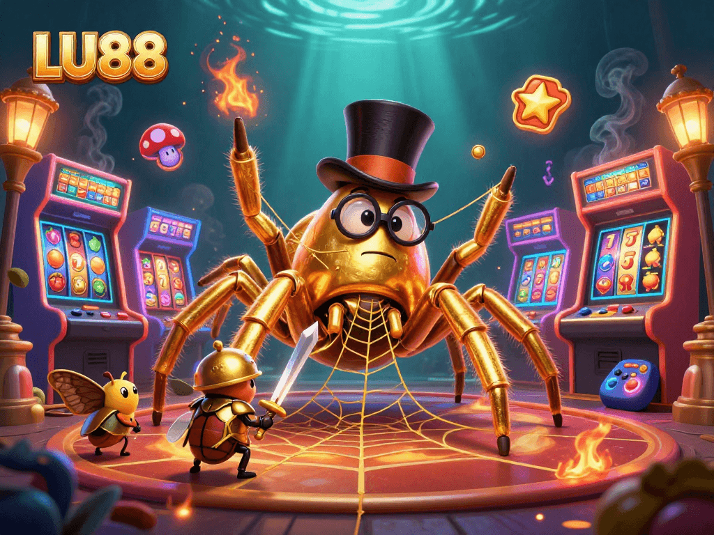 Engage in thrilling gameplay at LU88 with a dynamic scene featuring a golden tarantula weaving casino magic.
