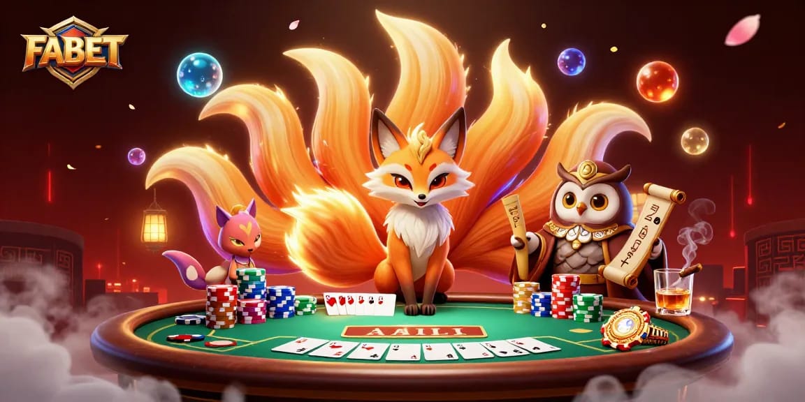 Experience interactive poker excitement with FABET, featuring vibrant characters and rich casino elements.