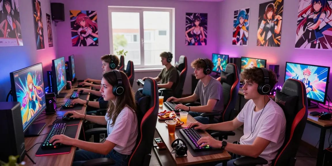 Friends enjoying ecchi games in a vibrant gaming lounge filled with LED lights and snacks.