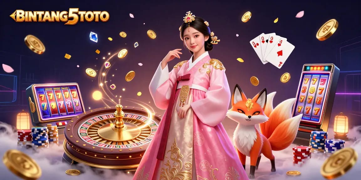 Experience thrilling gameplay with BINTANG5TOTO's vibrant casino illustration featuring dynamic slot reels and lucky symbols.