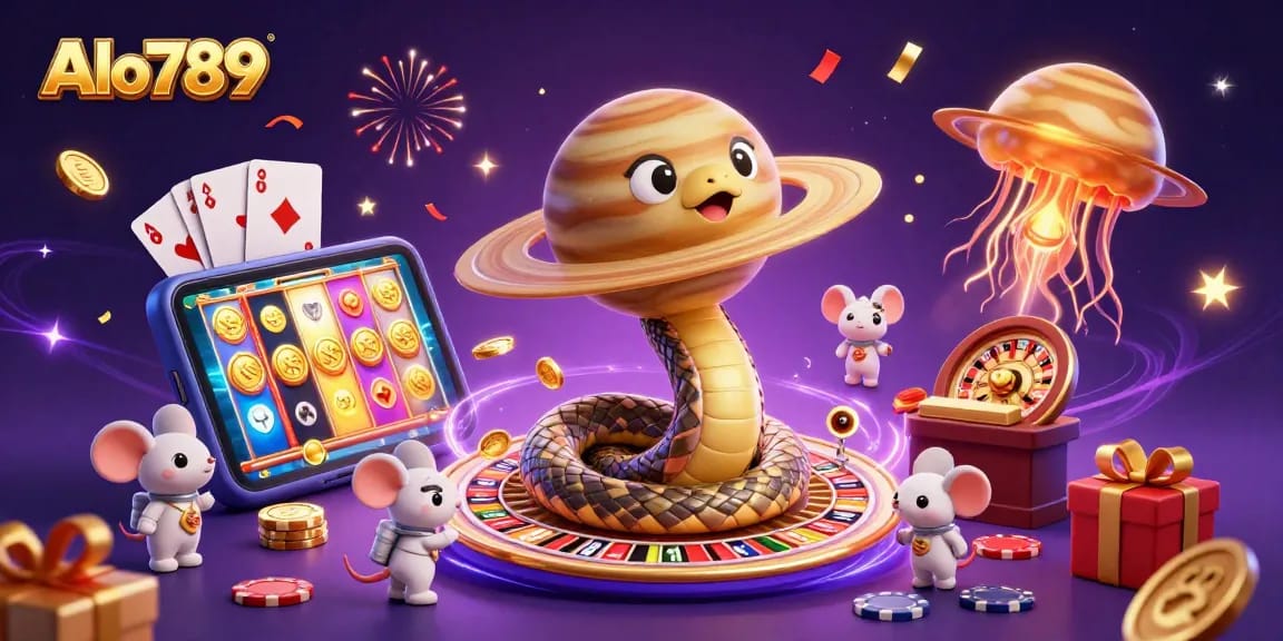 Experience thrilling gameplay at Alo789 with an exciting cosmic casino scene featuring animated characters.