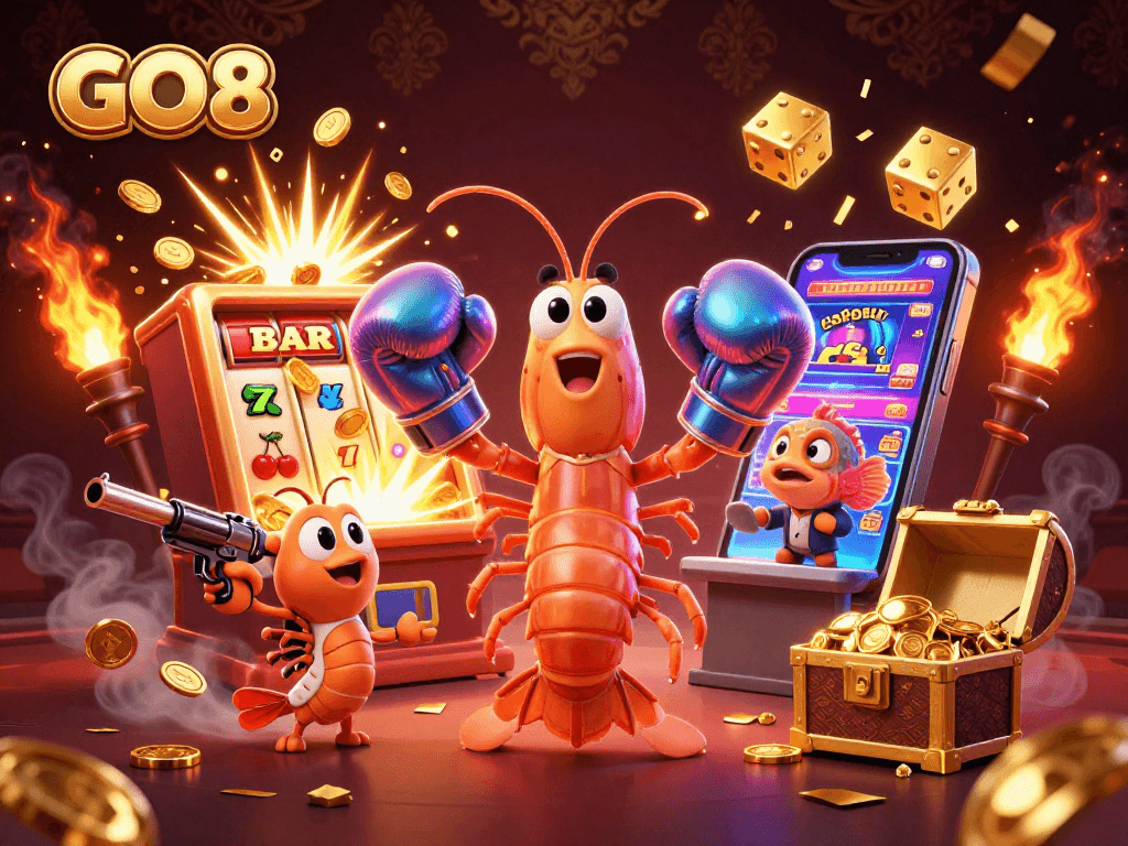 Experience the thrill of GO8 with vibrant casino elements and 3D characters in action.
