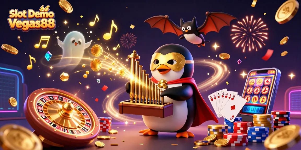 Experience the Slot Demo Vegas88 with vibrant illustrations of wins and excitement in a casino setting